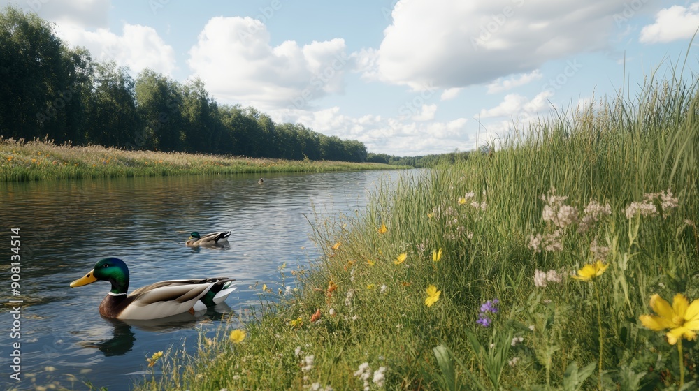 A peaceful riverbank with tall grasses, wildflowers, and ducks swimming in the water, ultra HD, A peaceful riverbank with tall grasses, wildflowers, and ducks swimming in the water, ultra HD,