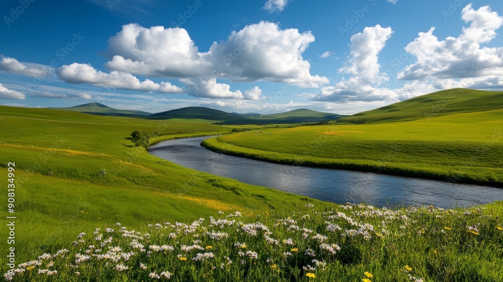 Fototapeta premium A rolling countryside with fields of blooming wildflowers, a meandering river, and distant hills under a partly cloudy sky, ultra HD,