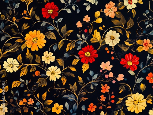 A black background with colorful flowers and leaves