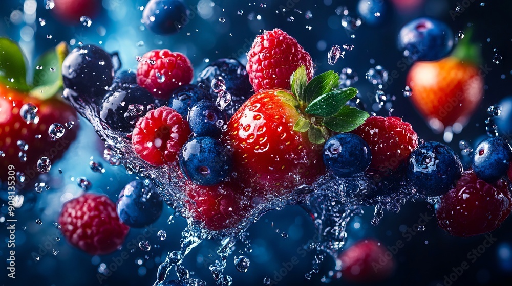 A bunch of fresh berries falling into the water A bunch of fresh berries falling into the water