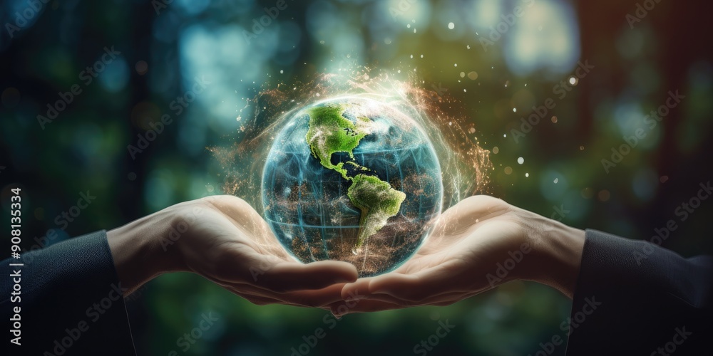 Man hands holding global network and data customer connection, Abstract science, on nature background Man hands holding global network and data customer connection, Abstract science, on nature background