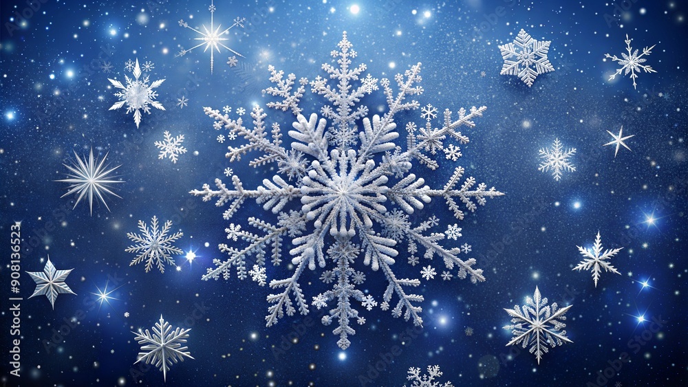 Snowflakes and Stars on Blue Background Representing Winter and Festivity Snowflakes and Stars on Blue Background Representing Winter and Festivity
