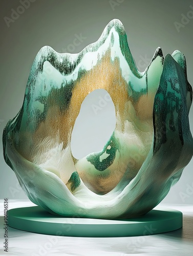 A green and white sculpture sitting on top of a table photo