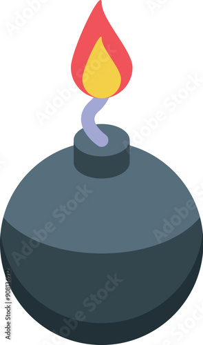 Round bomb burning with a short fuse in isometric view