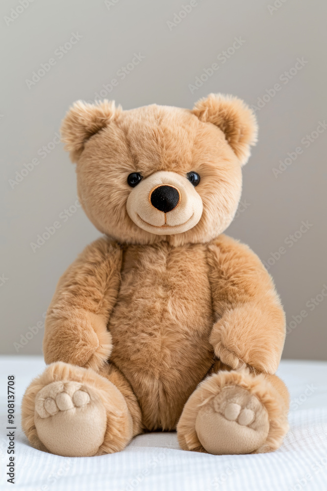 teddy bear sitting on bed, vertical poster with favorite toys concept teddy bear sitting on bed, vertical poster with favorite toys concept