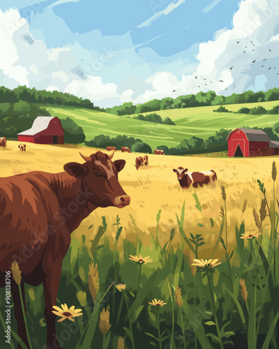Idyllic rural scene with cows grazing in sunny meadow, vibrant illustration capturing pastoral life on a serene countryside farm
