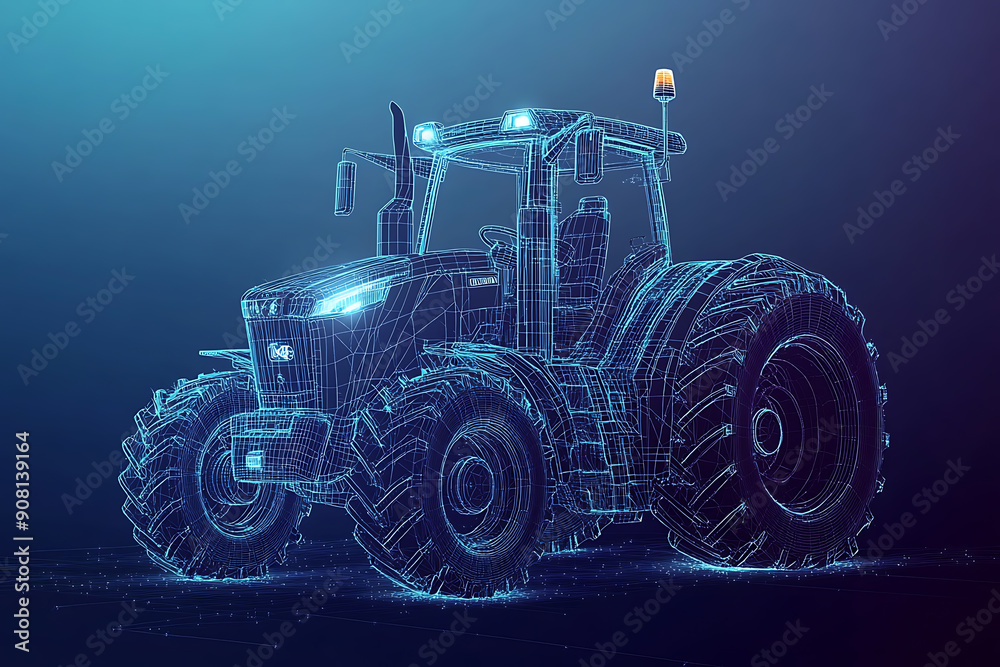 A digital wireframe polygon illustration of a tractor set against a blue background, showcasing agricultural machinery through a modern art lens. A digital wireframe polygon illustration of a tractor set against a blue background, showcasing agricultural machinery through a modern art lens.