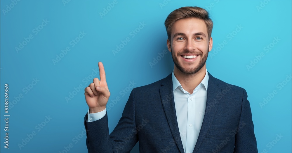 A cheerful young businessman in a navy suit with a light blue shirt points upward with his index finger, standing against a solid light blue background, exuding positivity and confidence.
A cheerful young businessman in a navy suit with a light blue shirt points upward with his index finger, standing against a solid light blue background, exuding positivity and confidence.