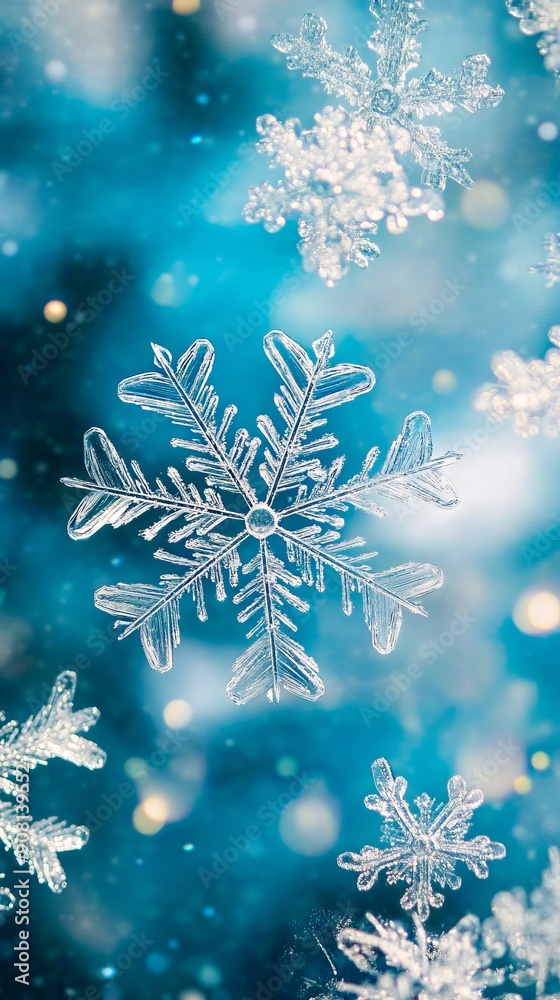 Snowflakes on a blue background with bokeh lights Snowflakes on a blue background with bokeh lights
