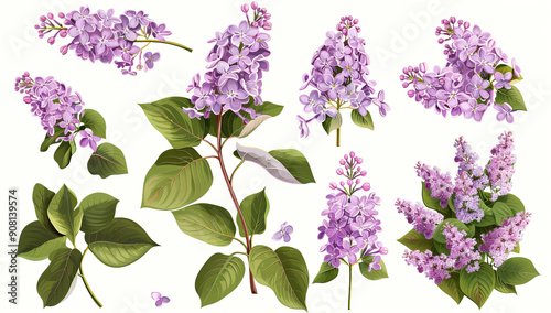 vector purple lilac flowers set isolated on white background, detailed illustration, high resolution, professional photograph, The ultra-detailed illustrations of the elements are in vector...