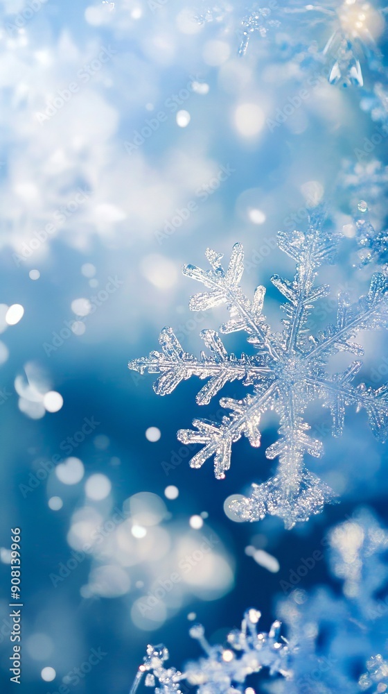 A close up of a snowflake on a blue background A close up of a snowflake on a blue background