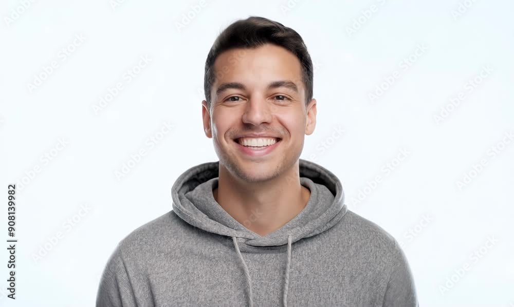 Young man in grey hoodie laughing and looking at camera. White background. Young man in grey hoodie laughing and looking at camera. White background.