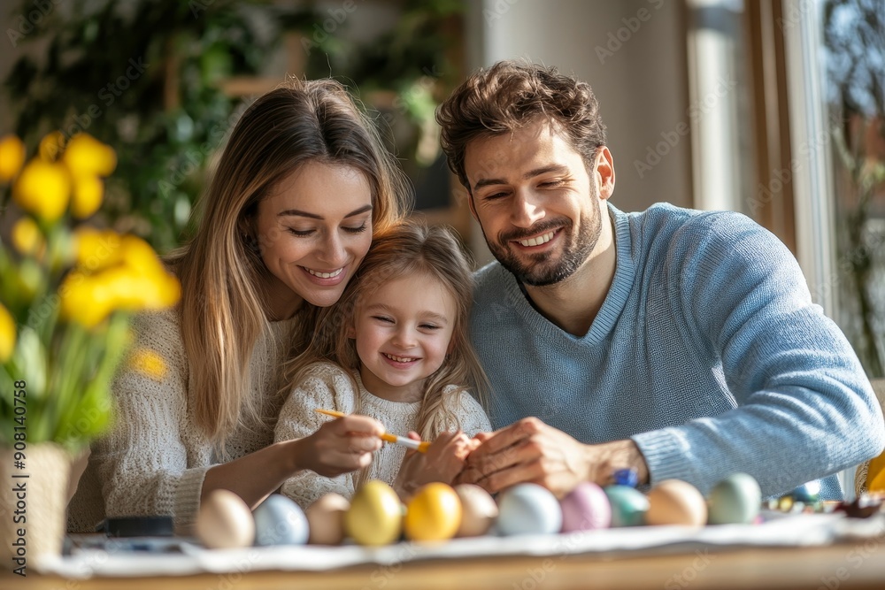 Family having fun painting eggs for Easter, Generative AI Family having fun painting eggs for Easter, Generative AI