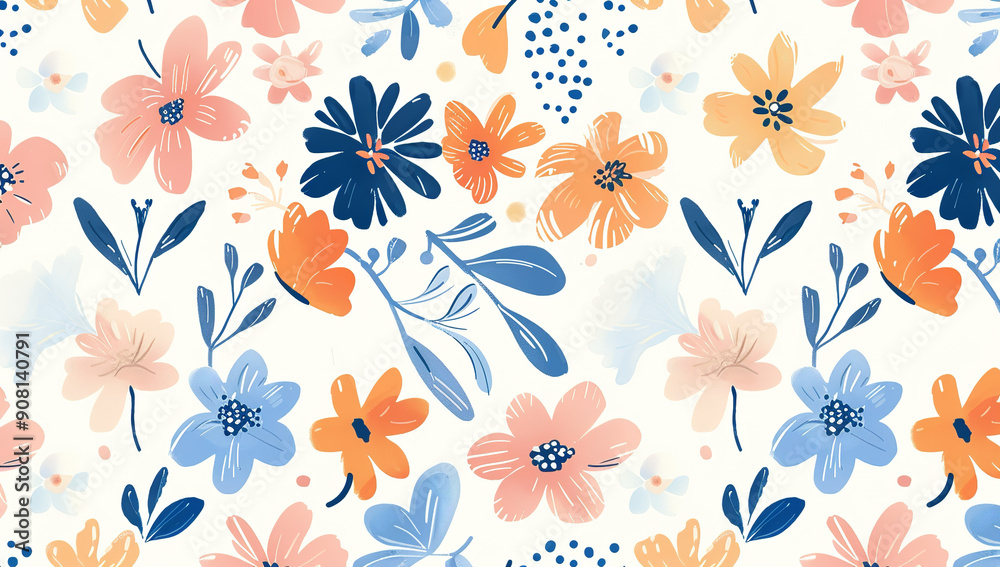 Retro blue, pink and orange floral pattern with pastel flowers on white background. Hand drawn retro illustration of vintage design elements. Vector flat drawing of abstract decorative print for...