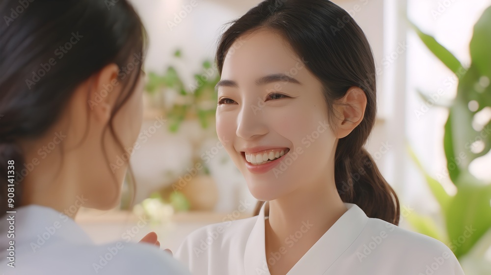Smiling Cosmetologist Advising Asian Client in Cozy Studio Setting Smiling Cosmetologist Advising Asian Client in Cozy Studio Setting