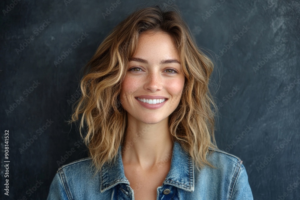 Beautiful woman smiling in demin jacket, Generative AI
