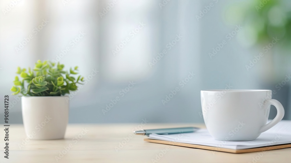 White coffee cup, potted plant and clipboard on a wooden table, blurred background. White coffee cup, potted plant and clipboard on a wooden table, blurred background.