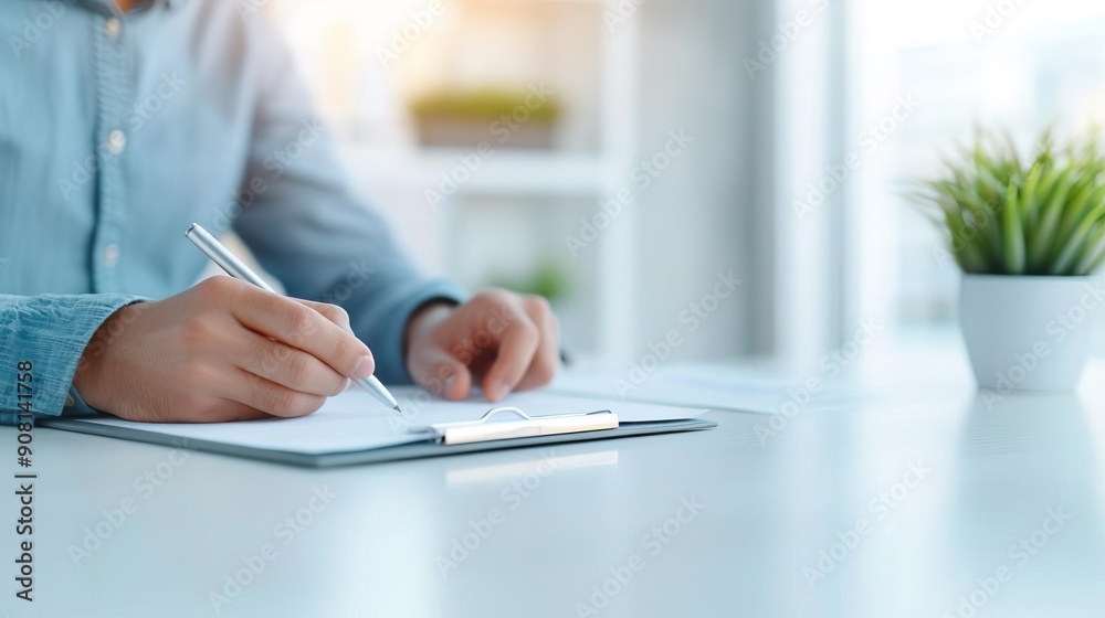 Obraz premium A professional insurance agent reviewing a home insurance policy with clients at a desk, set against a backdrop of modern office decor and warm lighting to emphasize a professional