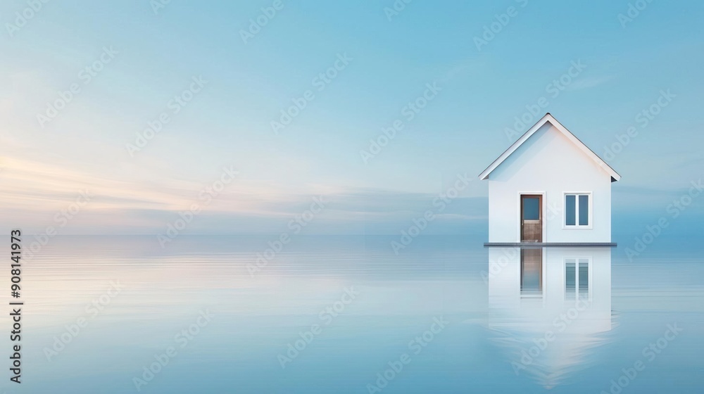 A small white house stands alone in a snowy field, with a blue sky and fluffy clouds in the background. A small white house stands alone in a snowy field, with a blue sky and fluffy clouds in the background.