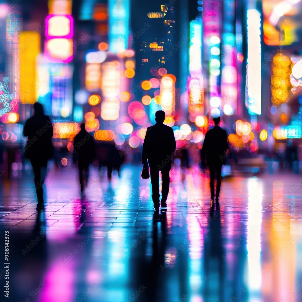 Fototapeta premium A night city street scene with colorful lights and silhouettes of people walking. The bright lights and reflections create a vibrant and lively urban atmosphere.