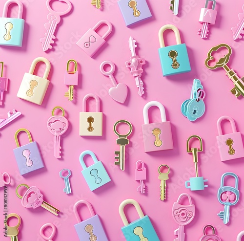 Seamless background with colorful keys and padlocks.