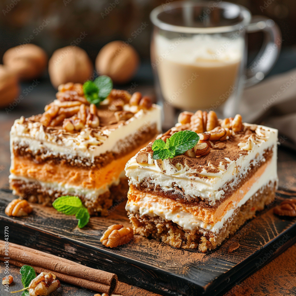 rectangular sliced pieces of carrot cake according to the recipe Carrot sponge cake with walnuts and cinnamon, cream cheese cream, there is a glass of coffee, mint background rectangular sliced pieces of carrot cake according to the recipe Carrot sponge cake with walnuts and cinnamon, cream cheese cream, there is a glass of coffee, mint background