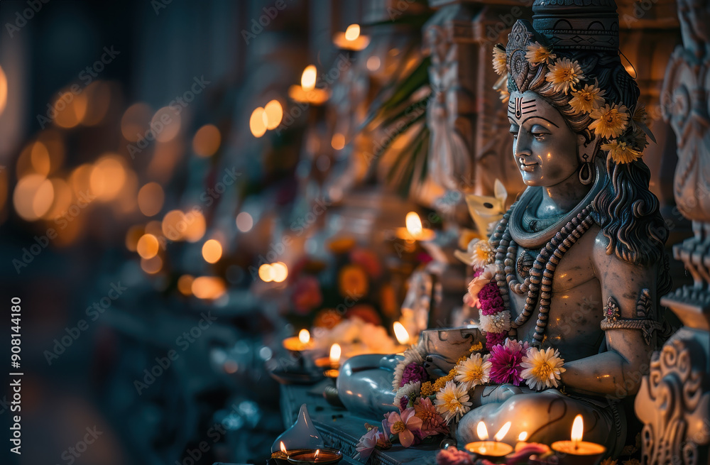 Fototapeta premium Beautifully adorned shiva statue surrounded by flickering candlelight and marigold garlands