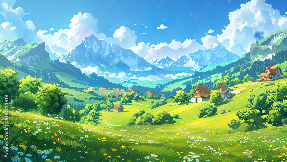 Obraz premium Cartoon illustration style, green grassy fields with small houses and mountains in the distance, blue sky, white clouds, bright colors, high saturation, perspective effect, cartoon characters on...