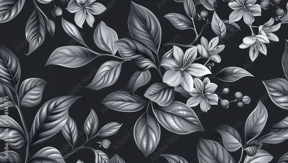 Black background, grey leaves and flowers pattern, vector illustration style, flat design, hand drawn lines, vector graphics, high definition, high resolution, high detail, high quality. The... Black background, grey leaves and flowers pattern, vector illustration style, flat design, hand drawn lines, vector graphics, high definition, high resolution, high detail, high quality. The...