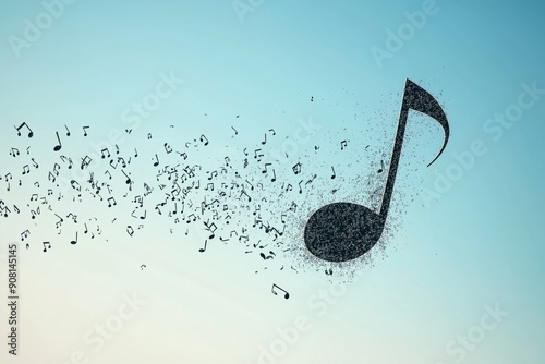 An Abstract Representation of Music in Motion Featuring Dispersing Artistic Elements. An artistic and visually stunning representation of a music note that transitions into many scattered particles