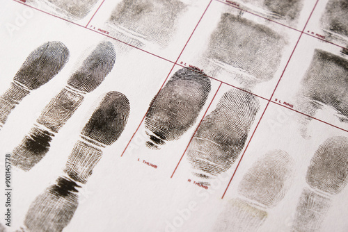Close-up of fingerprints on a fingerprint card, forensic examination, registration of criminals