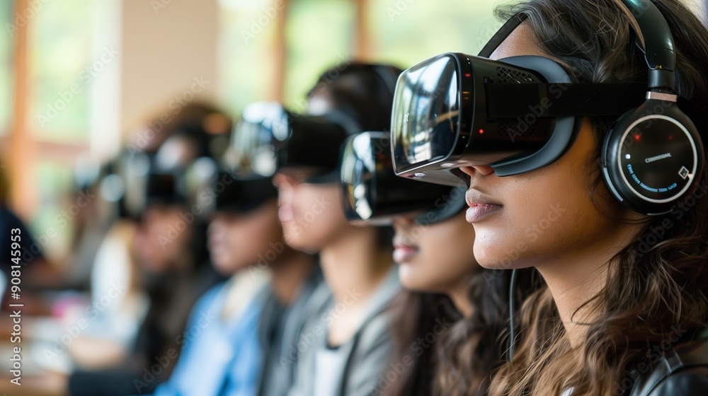 Group of Students Using Virtual Reality Headsets in a Classroom Setting