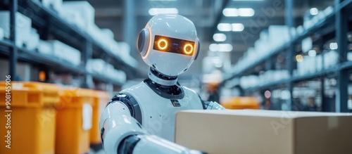 A white humanoid robot working in a warehouse