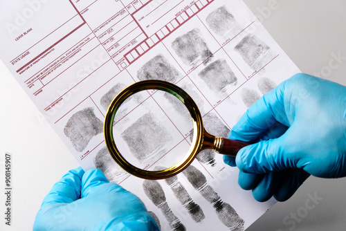 Forensic expert criminologist examines fingerprint card with magnifying glass, holds in gloved hands close-up, fingerprint examination