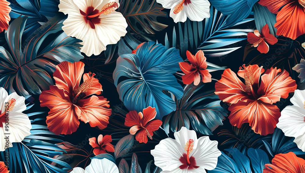 A vibrant pattern of hibiscus flowers and palm leaves in red, orange, white, and blue colors on dark background, showcasing the beauty of tropical plants. A vibrant pattern of hibiscus flowers and palm leaves in red, orange, white, and blue colors on dark background, showcasing the beauty of tropical plants.
