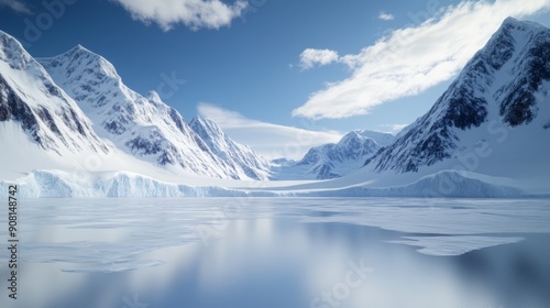 Scientists conducting a survey on an icy tundra, surrounded by glaciers and snow-covered mountains, collecting samples and data amidst a breathtaking frozen landscape