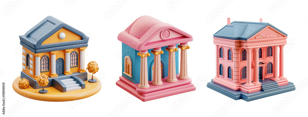 Miniature Classic Buildings Set Isolated on Transparent Background Miniature Classic Buildings Set Isolated on Transparent Background