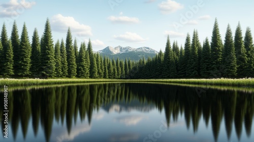 Springtime conifer grove, a vibrant ecosystem with blooming wildflowers, buzzing insects, and a crystal-clear pond reflecting the trees, high-resolution photo, realistic photo, hyper realistic