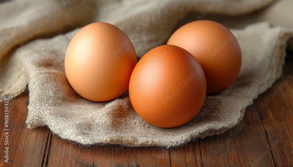 Three brown eggs are carefully resting on a piece of cloth that is placed on a wooden table Three brown eggs are carefully resting on a piece of cloth that is placed on a wooden table