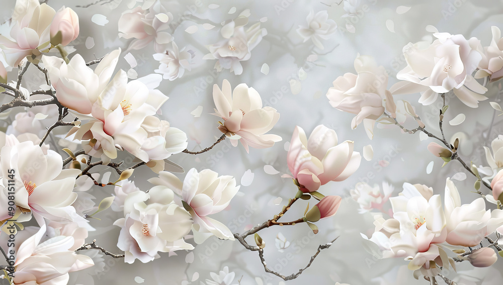 A delicate floral pattern with soft pink and white flowers, including cherry blossoms and magnolias on an elegant grey background. The design is a vector illustration suitable for wall art or... A delicate floral pattern with soft pink and white flowers, including cherry blossoms and magnolias on an elegant grey background. The design is a vector illustration suitable for wall art or...