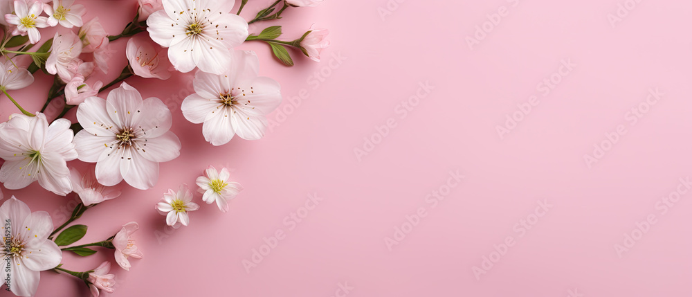 Pink floral banner with copy space for text. Beautiful floral blossom on light background. Greeting card, woman, mother day, romance Pink floral banner with copy space for text. Beautiful floral blossom on light background. Greeting card, woman, mother day, romance
