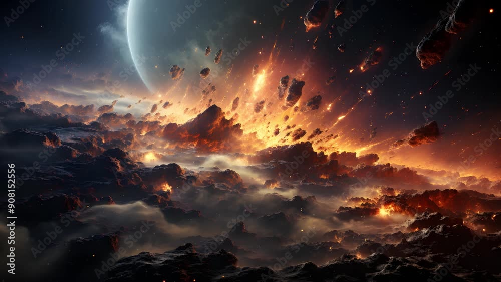 A fiery spectacle unfolds as asteroids and meteors crash into a planet's atmosphere, igniting the sky with brilliant explosions. A fiery spectacle unfolds as asteroids and meteors crash into a planet's atmosphere, igniting the sky with brilliant explosions.