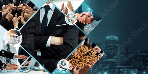 Teamwork and human resources HR management technology concept in corporate business with people group networking to support partnership, trust, teamwork and unity of coworkers in office kudos