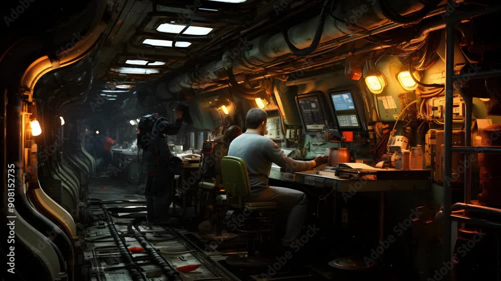 A group of astronauts work inside a spaceship, surrounded by a dark and mysterious environment. A group of astronauts work inside a spaceship, surrounded by a dark and mysterious environment.