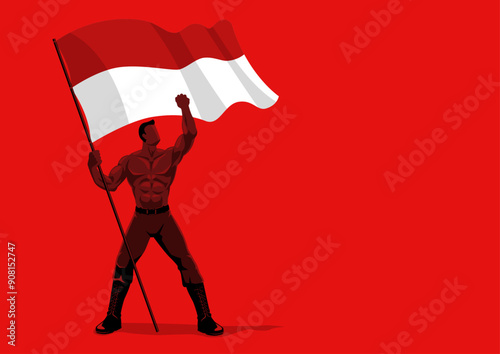 Muscular man proudly holding the flag of Indonesia. Ideal for contents of national pride, strength, sports events, motivational, and patriotism