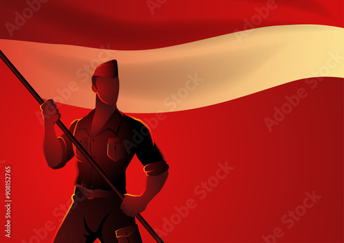 Indonesian national hero proudly holding the flag of Indonesia on red background. Perfect for patriotic, historical, and national pride themes, symbolizes bravery and the spirit of independence