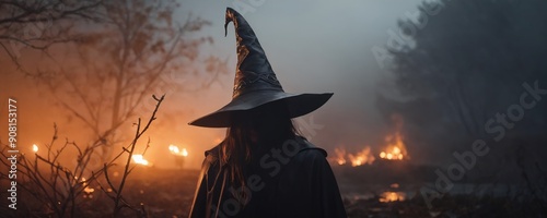 Mysterious figure in a witch hat surrounded by flames in a foggy forest at dusk