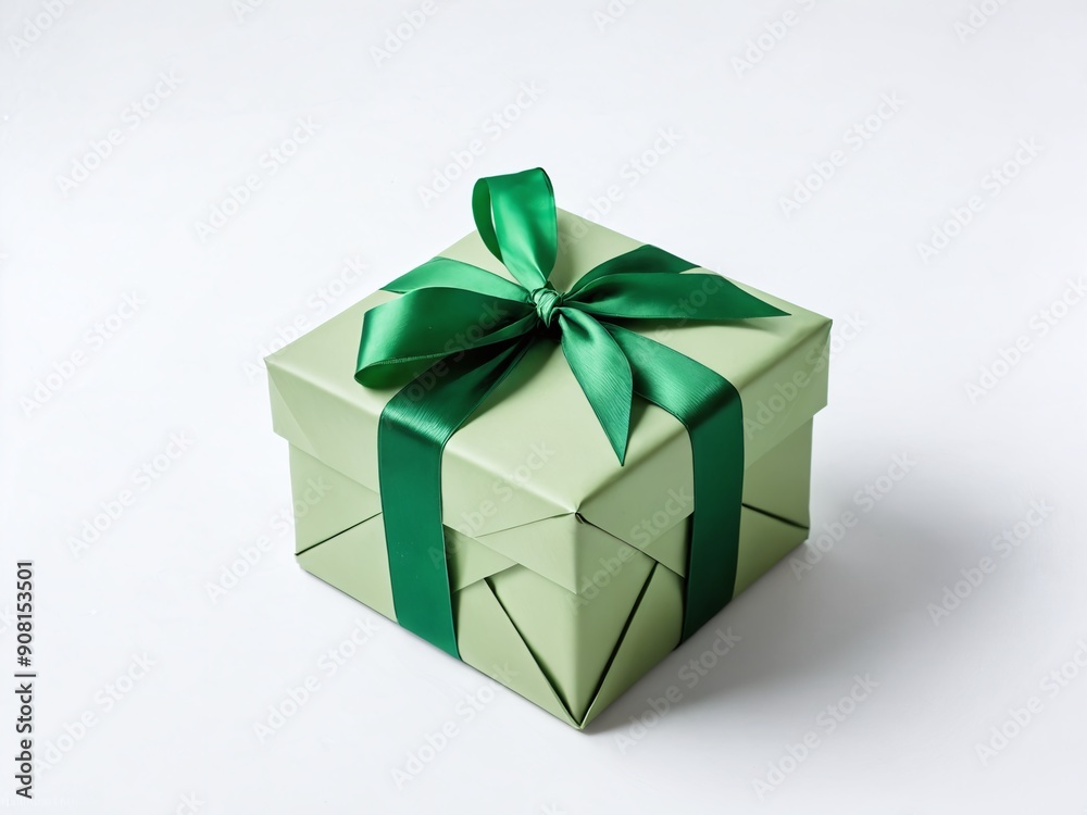Elegant green wrapped gift box with satin ribbon on light background Elegant green wrapped gift box with satin ribbon on light background