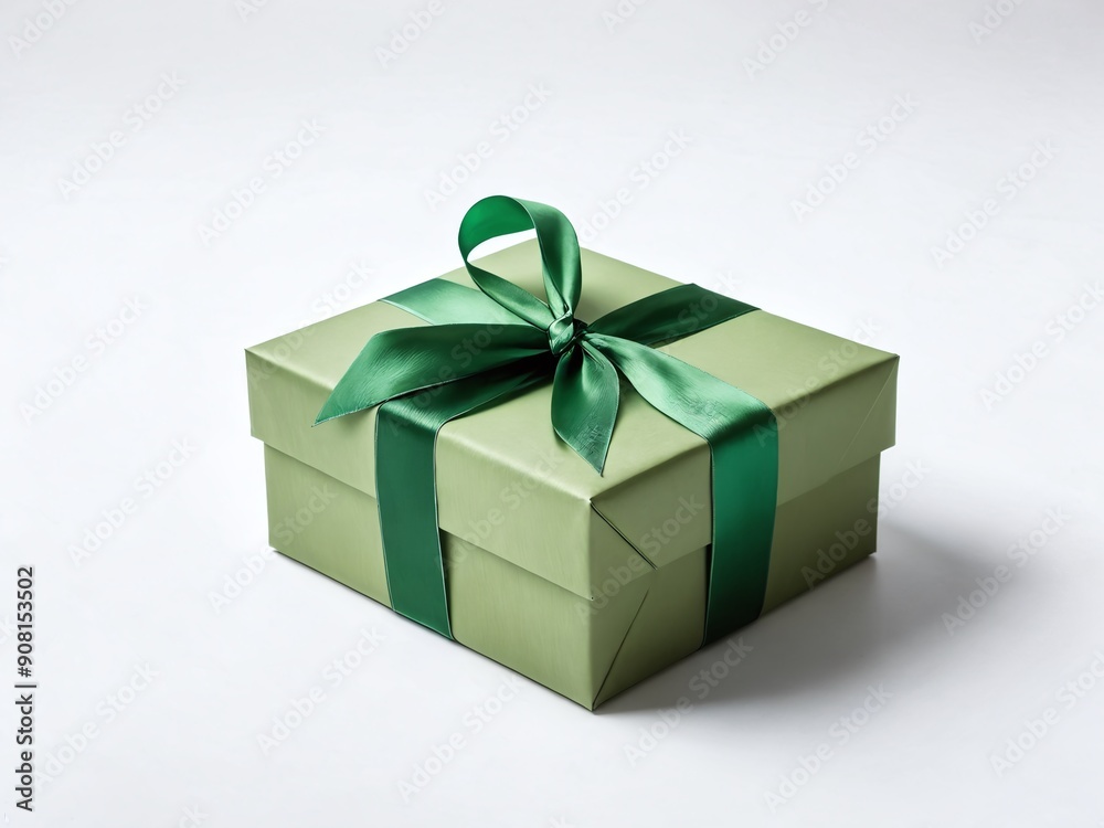 Green gift box with satin ribbon displayed on white background for celebratory occasion