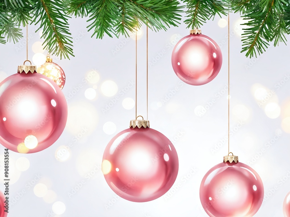Hanging pink Christmas ornaments adorning a festive green tree branch during the holiday season Hanging pink Christmas ornaments adorning a festive green tree branch during the holiday season